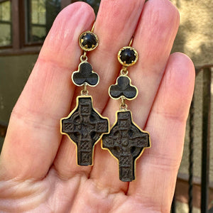 Antique Irish Bog Oak Clover Celtic Cross Dangle Earrings - Boylerpf