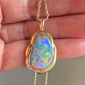 Vintage 14K Gold Diamond Boulder Opal Pendant Necklace - Boylerpf
