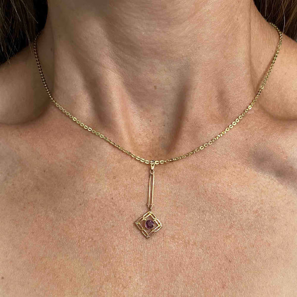 Art Nouveau 10K Gold Pearl Amethyst Lavaliere Pendant Necklace - Boylerpf