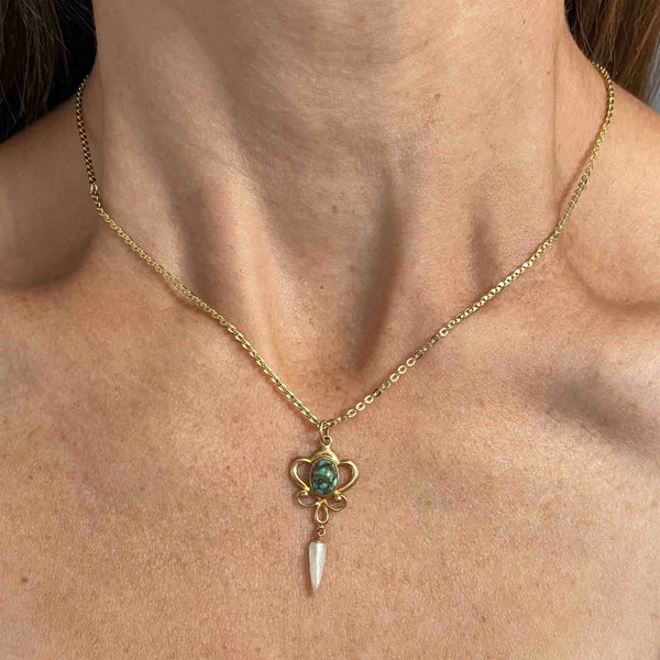 10K Gold Turquoise Pearl Art Nouveau Lavaliere Necklace - Boylerpf