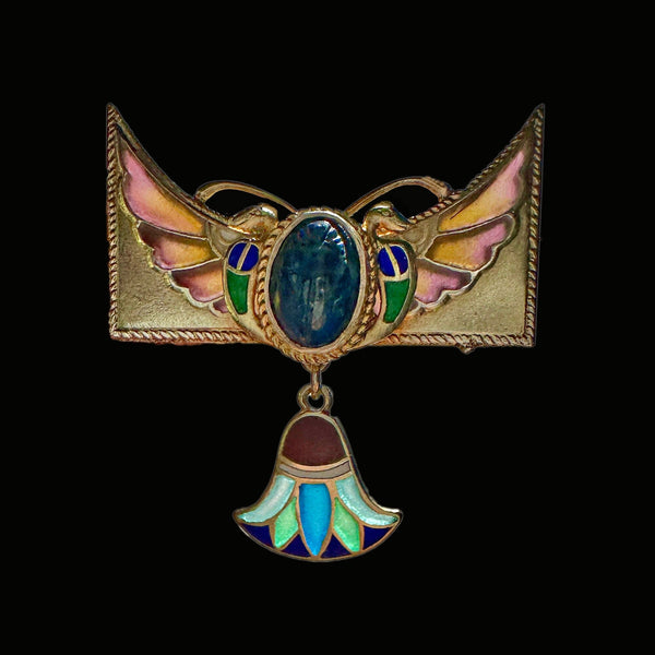 Art Nouveau Egyptian Revival Plique à Jour Winged Scarab Brooch - Boylerpf