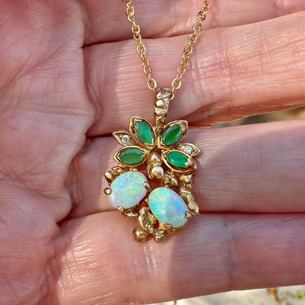 Vintage Gold Floral Motif Diamond Emerald Opal Pendant - Boylerpf