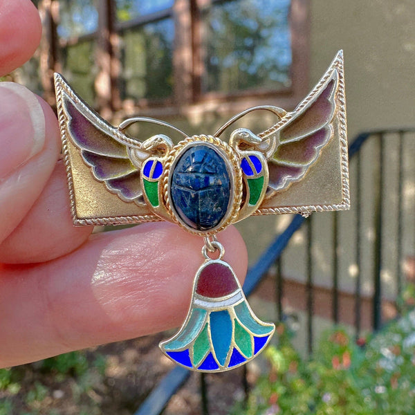 Art Nouveau Egyptian Revival Plique à Jour Winged Scarab Brooch - Boylerpf