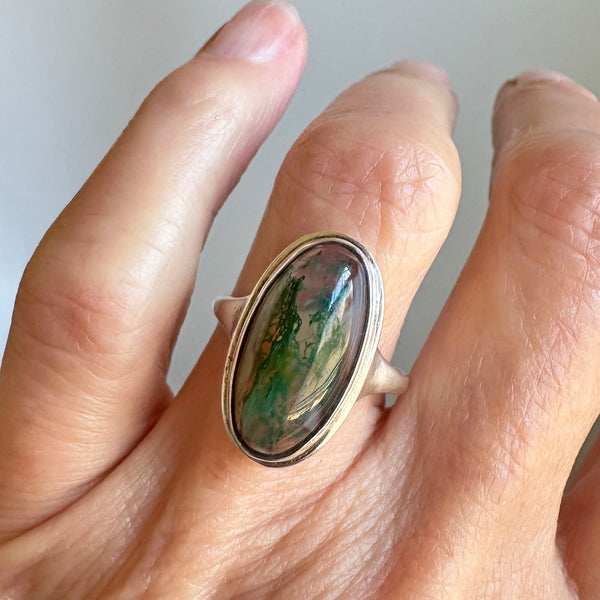 Antique Silver Moss Agate Cabochon Ring - Boylerpf