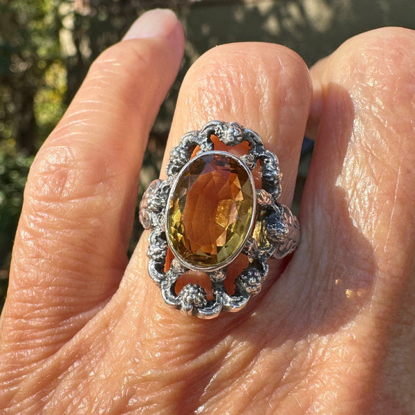 Arts & Crafts Flower and Leaf Silver Citrine Ring - Boylerpf