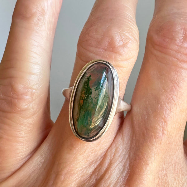 Antique Silver Moss Agate Cabochon Ring - Boylerpf