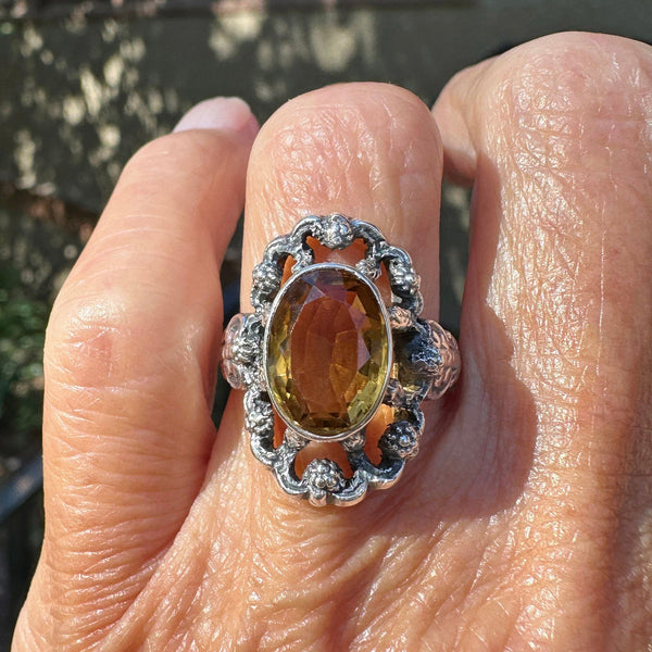 Arts & Crafts Flower and Leaf Silver Citrine Ring - Boylerpf