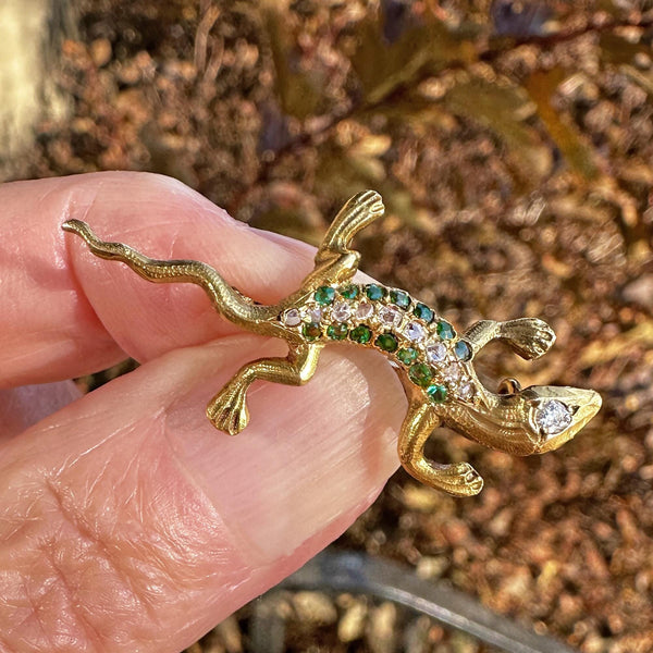 Antique Emerald & Rose Cut Diamond Salamander Brooch in 14K Gold - Boylerpf