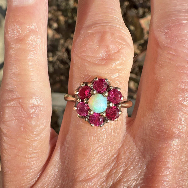 Antique Gold Ruby Halo Cluster Opal Ring - Boylerpf