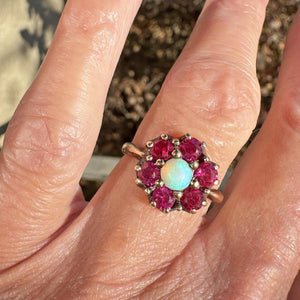 Antique Gold Ruby Halo Cluster Opal Ring - Boylerpf