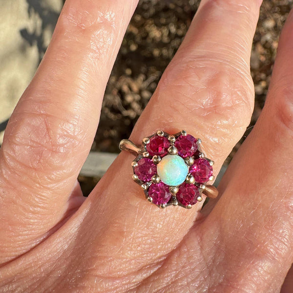 Antique Gold Ruby Halo Cluster Opal Ring - Boylerpf