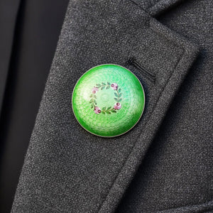 Antique Silver Guilloche Pink Rose Green Enamel Brooch, C. 1917 - Boylerpf