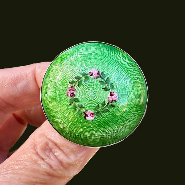 Antique Silver Guilloche Pink Rose Green Enamel Brooch, C. 1917 - Boylerpf