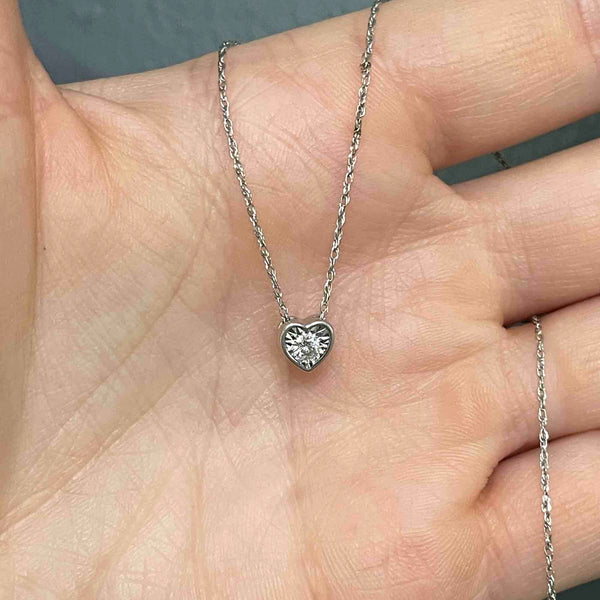 Vintage 10K White Gold Diamond Heart Slider Pendant Necklace - Boylerpf