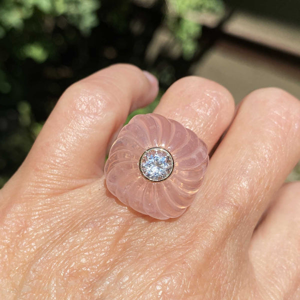 Pinwheel Carved Rose Quartz Blue Topaz Ring in 14K Gold - Boylerpf