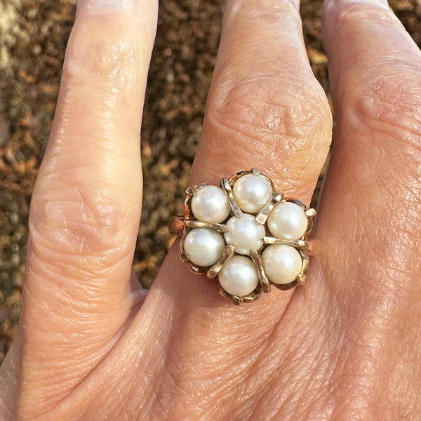 Vintage 10K Gold Pearl Halo Cluster Ring - Boylerpf