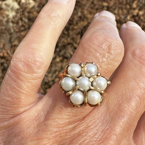 Vintage 10K Gold Pearl Halo Cluster Ring - Boylerpf