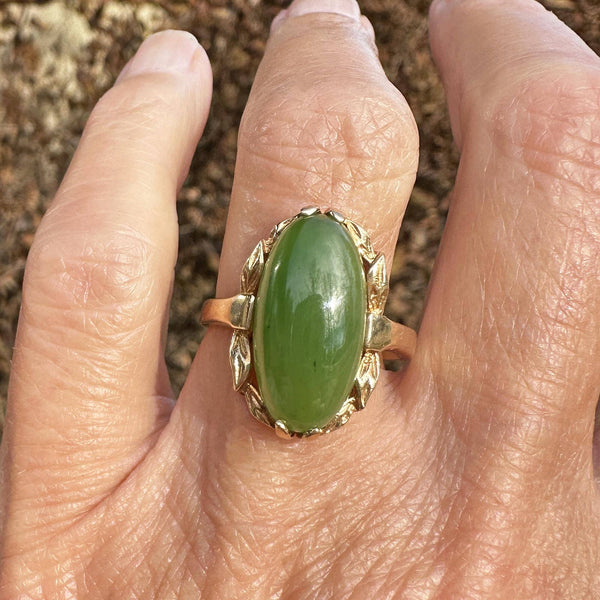 Vintage Gold Leaf Oval Natural Jade Cabochon Ring - Boylerpf