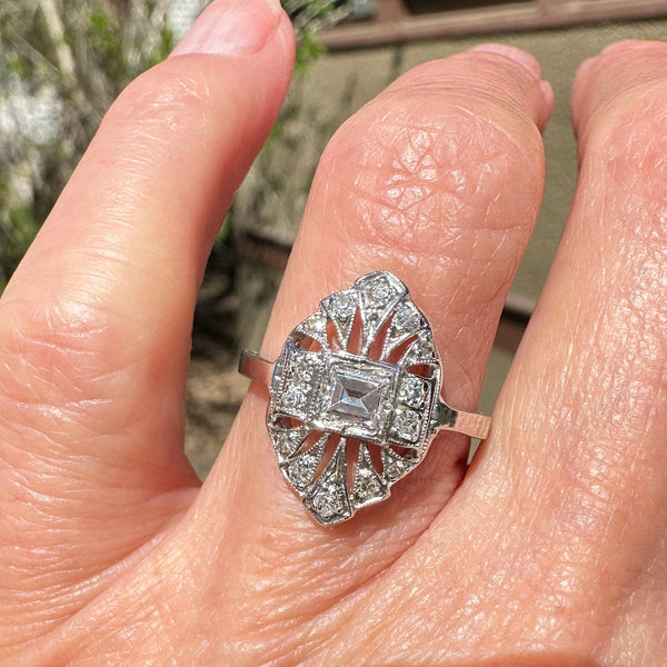 Art Deco Platinum Filigree Emerald Cut Diamond Ring - Boylerpf