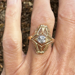 Vintage 10K Gold Floral Filigree Diamond Shield Ring - Boylerpf