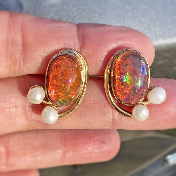 Contemporary Natural Pearl Large Fire Opal Stud Earrings - Boylerpf