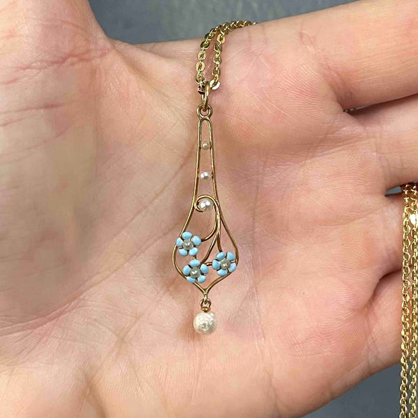 Krementz Art Nouveau 14K Gold Pearl Enamel Forget Me Not Necklace - Boylerpf