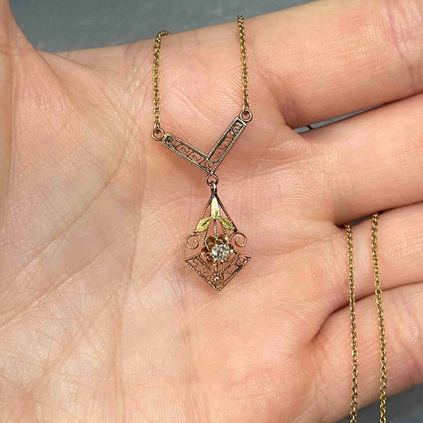 Antique Edwardian Filigree 10K Gold Buttercup Diamond Necklace - Boylerpf