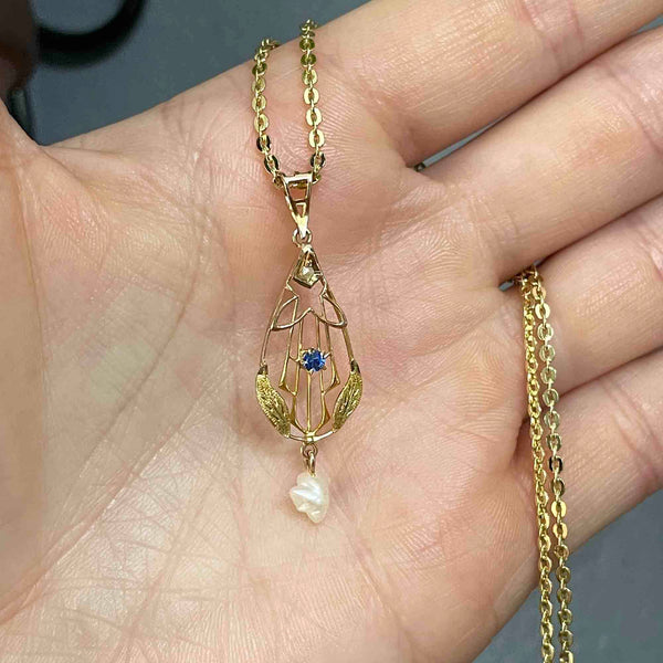 10K Gold Art Nouveau Pearl Sapphire Lavaliere Necklace - Boylerpf