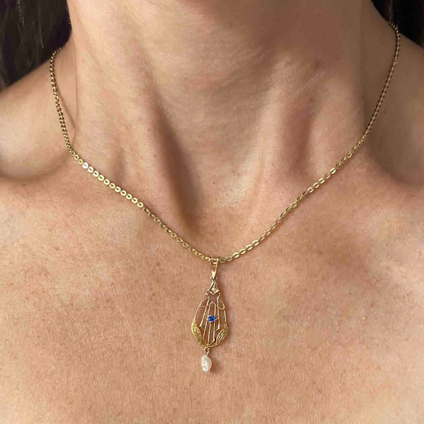 10K Gold Art Nouveau Pearl Sapphire Lavaliere Necklace - Boylerpf