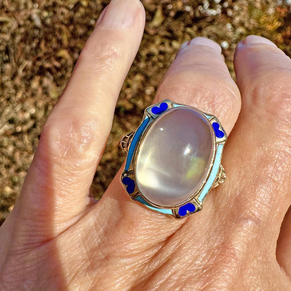 Art Deco Blue Enamel 14K Gold Filigree Moonstone Ring - Boylerpf