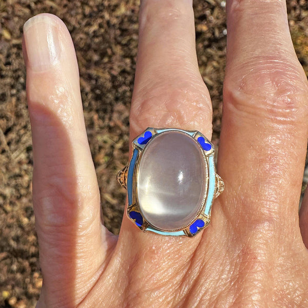 Art Deco Blue Enamel 14K Gold Filigree Moonstone Ring - Boylerpf