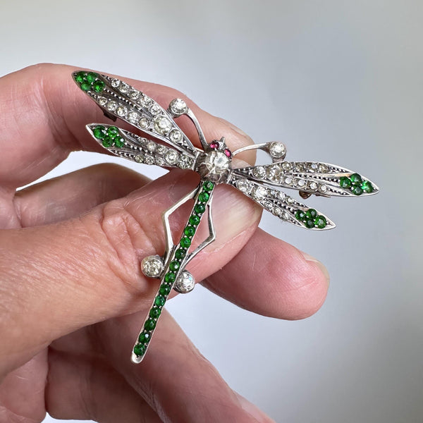 Art Deco Ruby Diamond Emerald Paste Dragonfly Brooch - Boylerpf