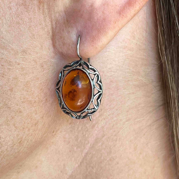 Vintage Silver Heart Amber Cabochon Statement Earrings - Boylerpf