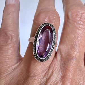 Art Deco Style Silver Marcasite Halo Amethyst Ring - Boylerpf