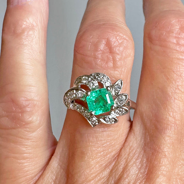 Art Deco 14K White Gold Diamond Emerald Ring - Boylerpf