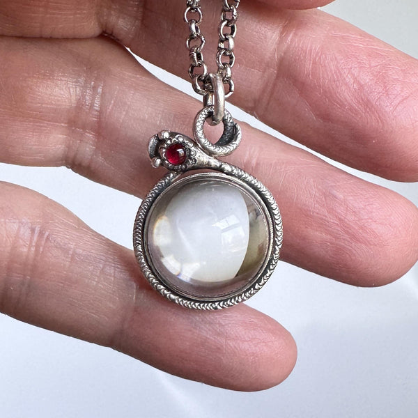 Art Deco Pools of Light Rock Crystal Garnet Snake Pendant - Boylerpf