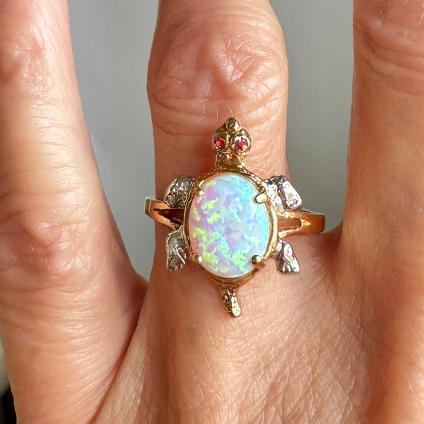 Unique Two Tone 14K Gold Opal Ruby Turtle Ring - Boylerpf