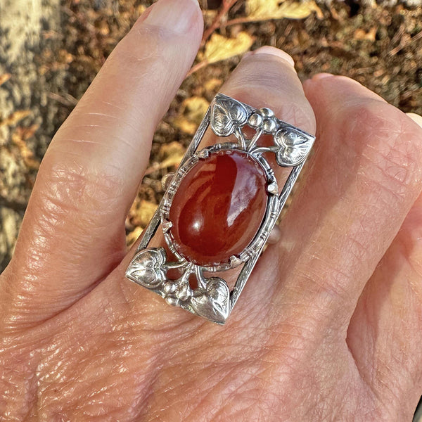 Berry and Leaf Arts & Crafts Silver Cabochon Carnelian Ring