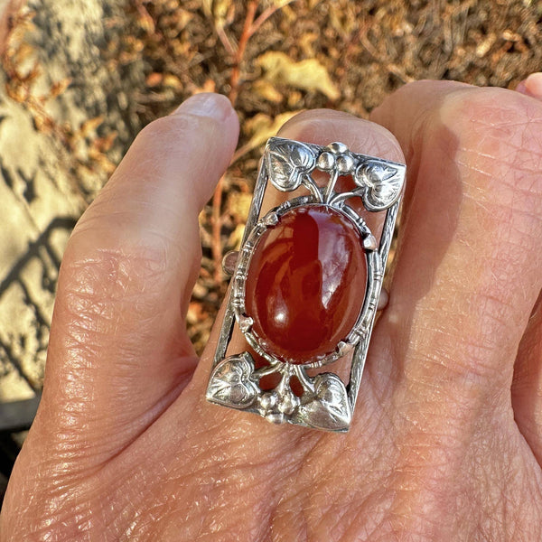 Berry and Leaf Arts & Crafts Silver Cabochon Carnelian Ring