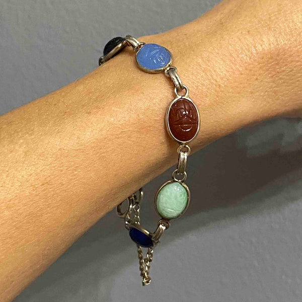 Vintage Multi Gemstone Egyptian Beetle Bug Scarab Bracelet - Boylerpf