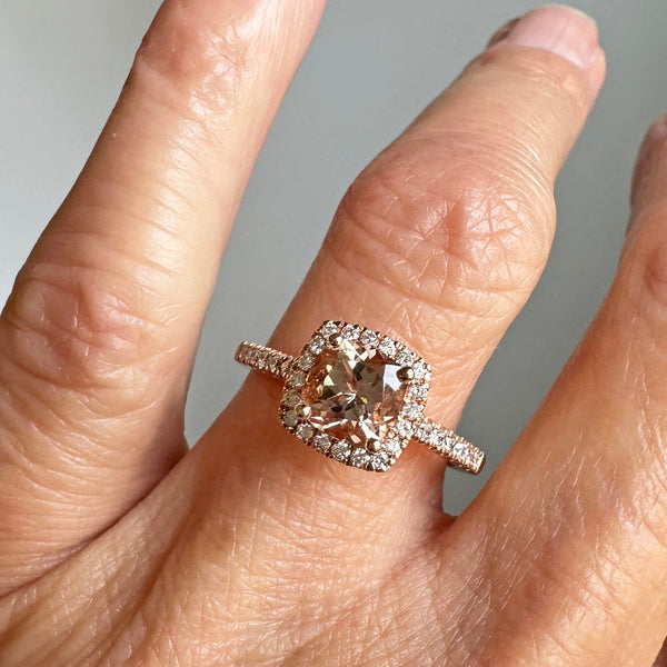 Vintage Rose Gold Diamond Halo Morganite Engagement Ring - Boylerpf