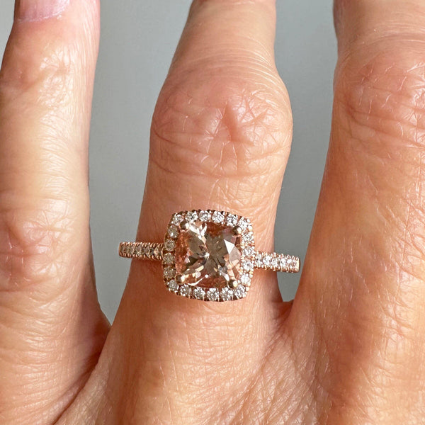 Vintage Rose Gold Diamond Halo Morganite Engagement Ring - Boylerpf