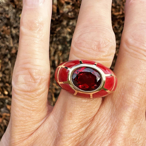 Vintage Gold Dome Red Enamel Garnet Signet Ring - Boylerpf