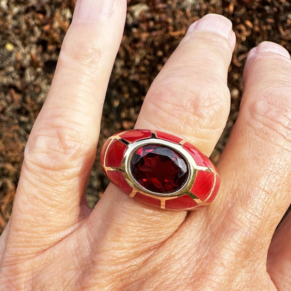 Vintage Gold Dome Red Enamel Garnet Signet Ring - Boylerpf