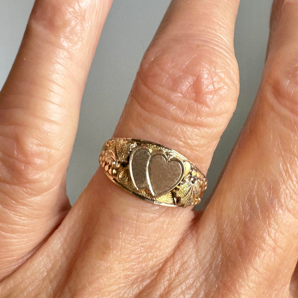 Vintage Rose and Yellow Gold Double Heart Ring Band - Boylerpf