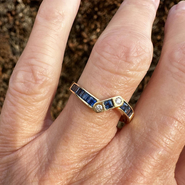 Vintage 14K Gold Diamond Carré Sapphire Ring Band - Boylerpf