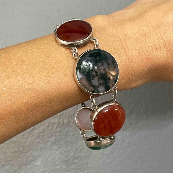 Vintage Silver Scottish Moss Agate Amethyst Banded Agate Bracelet - Boylerpf