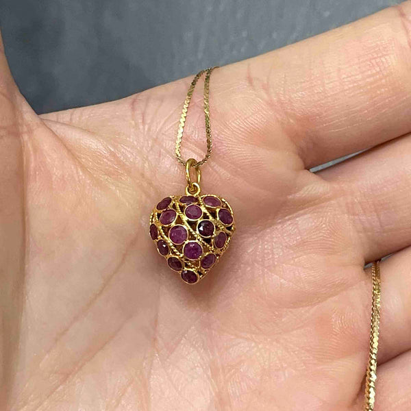 Vintage 14K Gold Filigree Ruby Sapphire Heart Pendant Necklace - Boylerpf