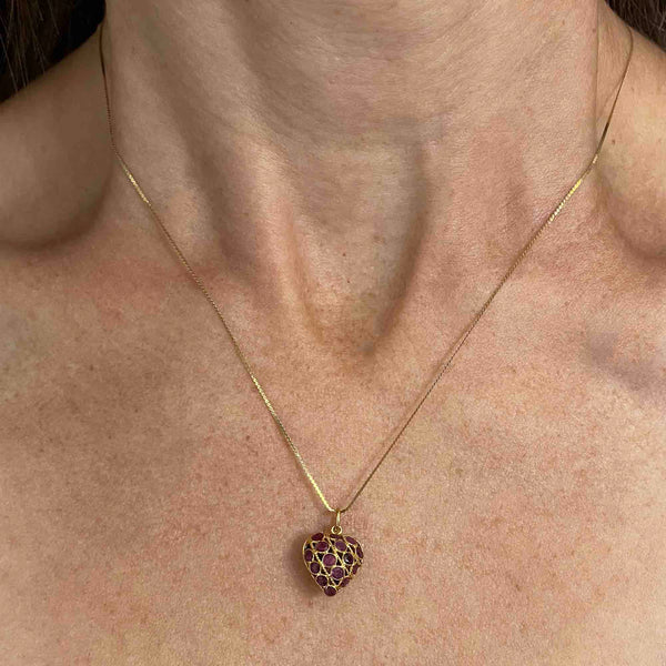 Vintage 14K Gold Filigree Ruby Sapphire Heart Pendant Necklace - Boylerpf