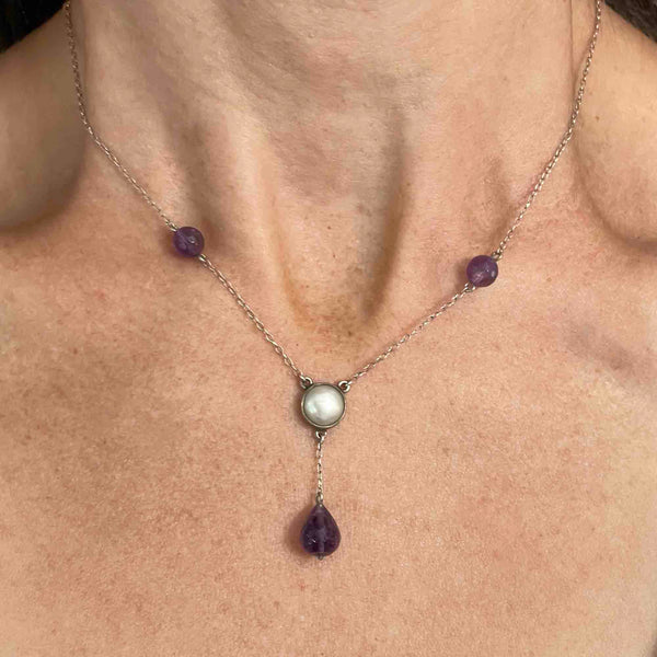 Antique Silver Amethyst Pearl Drop Pendant Necklace - Boylerpf